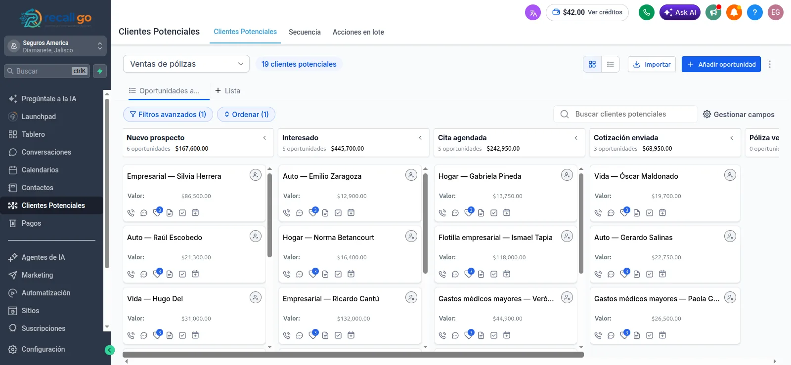 Embudo de ventas de RecallGo con las etapas Nuevo prospecto, Interesado, Cita agendada, Cotización enviada y Póliza vendida